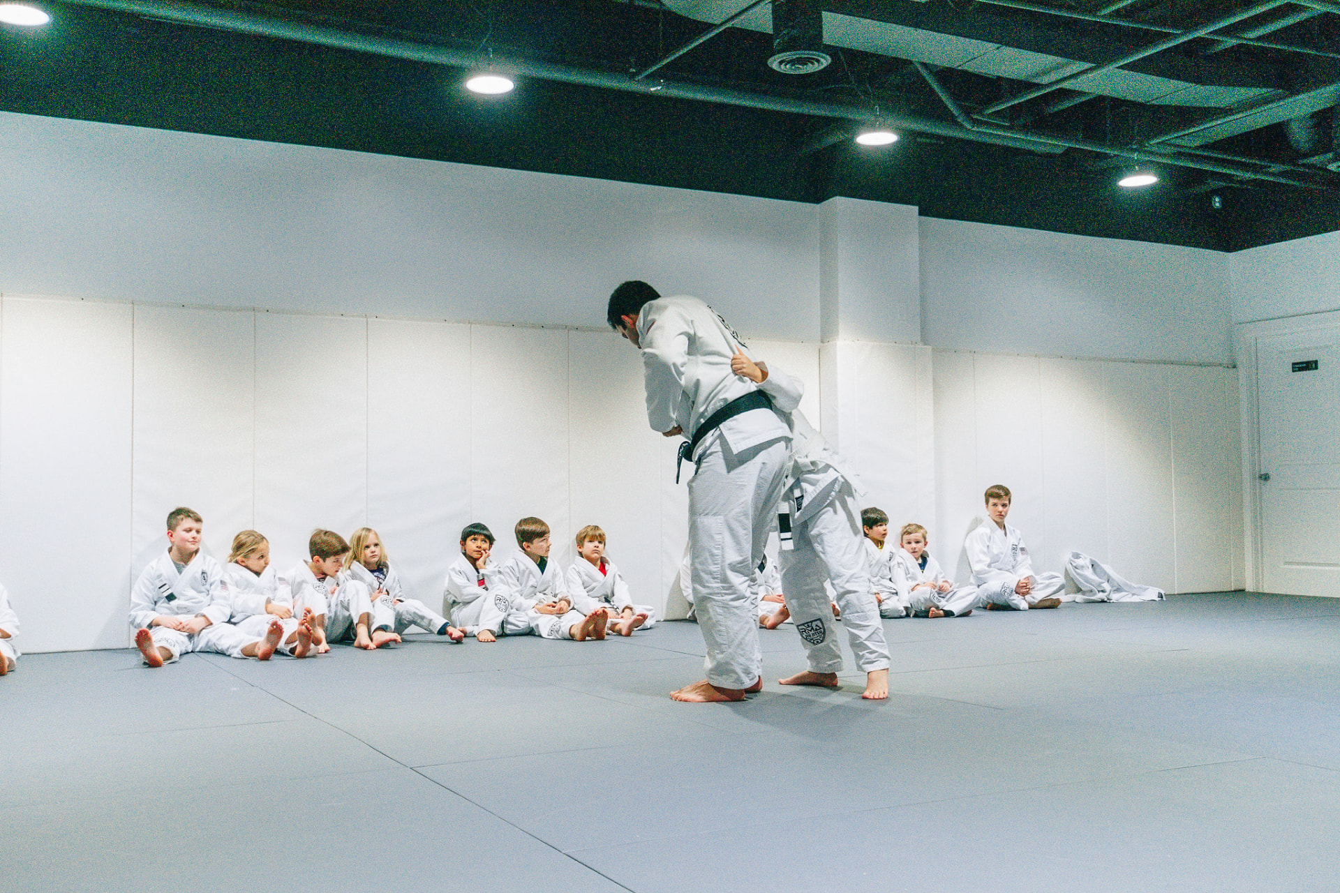 Kids drilling Brazilian Jiu-Jitsu techniques in the Pee Wees class at RMA in Franklin, TN