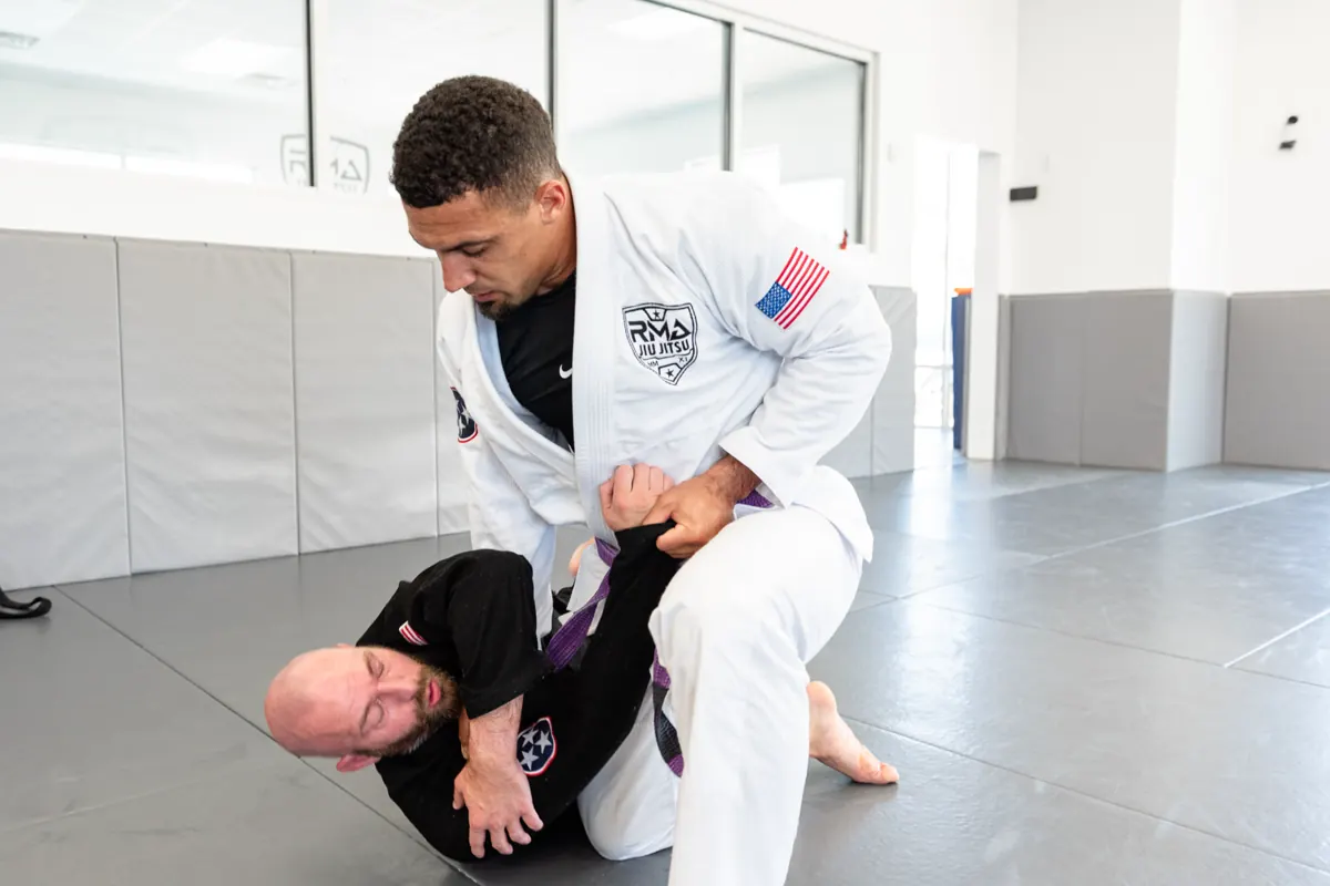 Advanced teen and adult Jiu-Jitsu students rolling at RMA — Nolensville, TN 37135